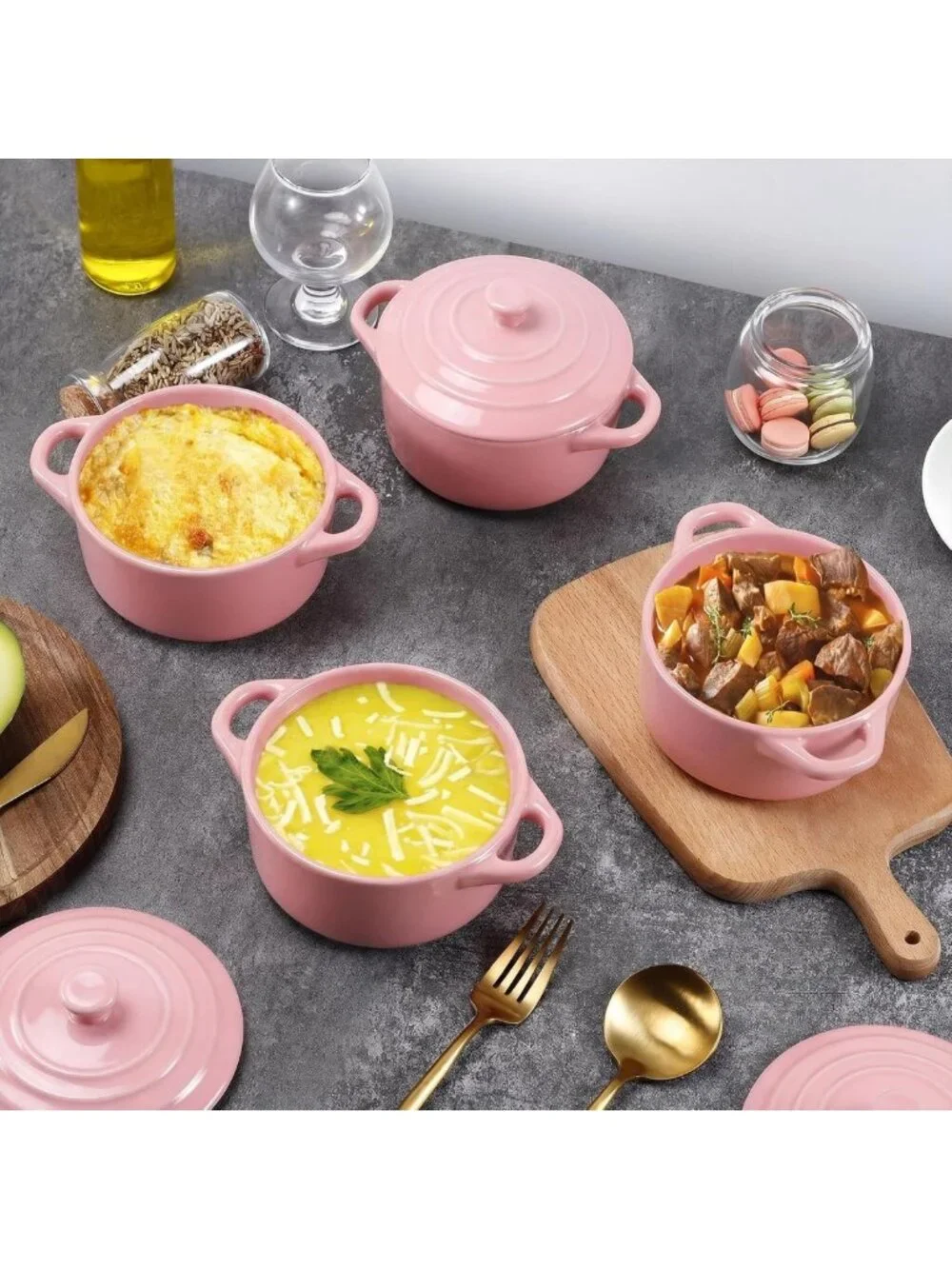 4-Piece Mini Cocotte Set - 16 oz Individual Baking Ramekins in Pink - Perfect